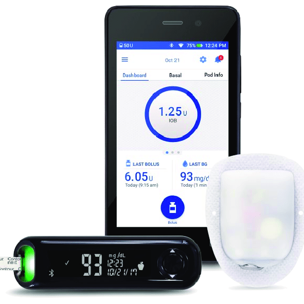 Omnipod DASH Insulin Management System Personal Diabetes Manager PDM and Pod with the 1